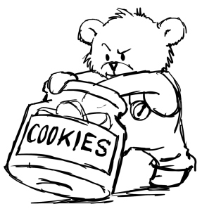 Jack the teddy bear reaching into a cookie jar